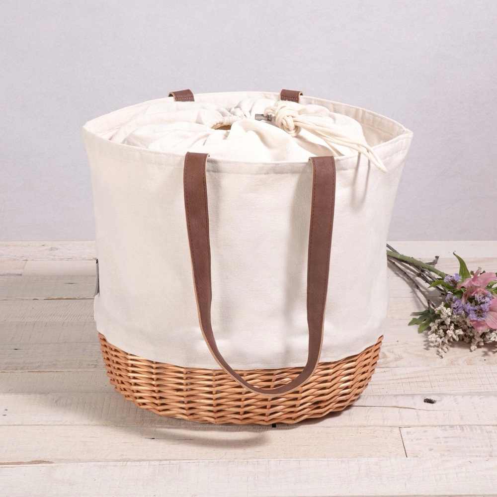 Coastal Style Cream and Tan Canvas Tote with Woven Base